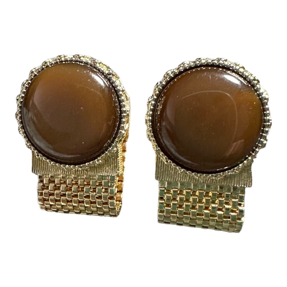 Vintage Chunky Brown Butterscotch Gold Tone Cuff Links Business Dress